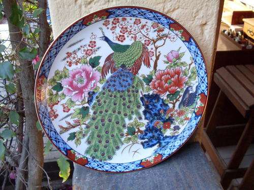 LARGE JAPANESE, IMARI LIKE CABINET / DISPLAY PLATE WITH GILT PEACOCK ETC. A BEAUTY!