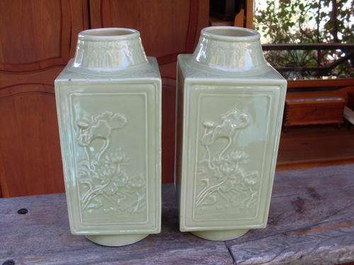BELIEVED CHINESE CELADON STYLE, PAIR MATCHING LARGE PALE GREEN VASES, RELIEF FLORAL DETAIL EACH SIDE