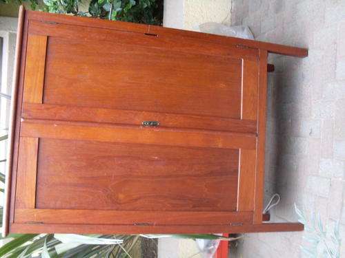 VERY OLD VINTAGE TEAK?? WOOD CABINET WITH KEY. COULD BE LINEN, PANTRY OR STORAGE PIECE OF CHOICE