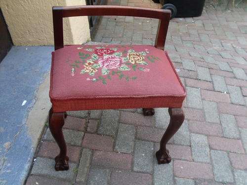 GORGEOUS MAHOGANY WOOD TAPESTRY (FLORAL ROSES) COVERED STOOL WITH BACK PIECE. BALL & CLAW