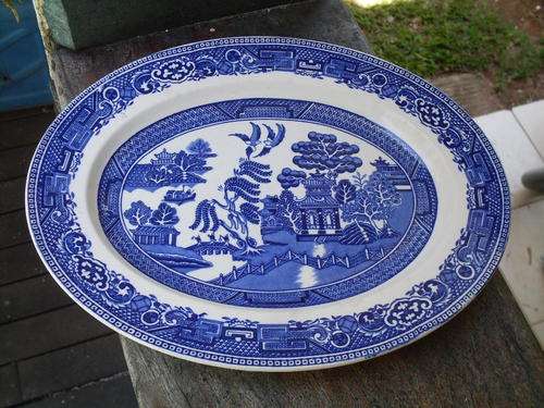 GORGEOUS VINTAGE BLUE & WHITE ALFRED MEAKIN "OLD WILLOW" OVAL SERVING DISH