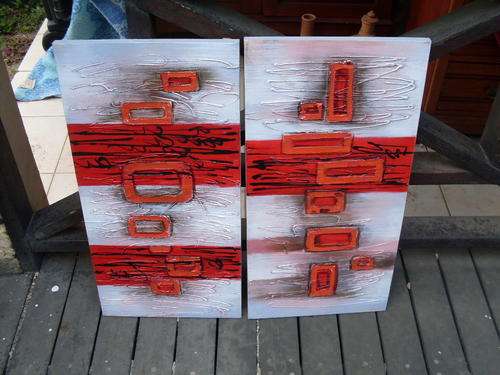 ORIGINAL MODERN ART UNSIGNED ABSTRACT PIECES BLACK, RED, ORANGE WHITE X2 CANVASES GEOMETRIC
