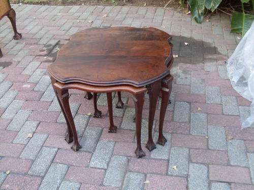 DUE TO THE MORE UNUSUAL SHAPE REGARD THIS AS EXTREMELY NICE WOOD NEST OF TABLES (1 LARGE, 4 SMALL)