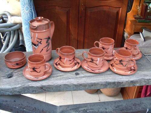 ETHNIC STYLE TERRACOTTA & GLAZED COFFEE SET WITH BUSHMAN PAINTING DESIGN