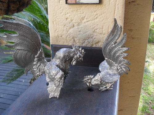 SILVER PLATED? ON HEAVY METAL FIGHTING COCKS, ROOSTERS, CHICKENS. GREAT CONDITION!