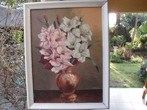 FRAMED ACRYLIC STILL LIFE ON BOARD BEAUTIFUL FLORAL (IRIS'S ETC) IN A COPPER VASE SIGNED F ALGE