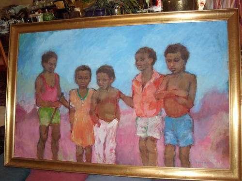 LARGE FRAMED 134 X88 ORIGINAL OIL OF RURAL/ETHNIC CHILDREN AT PLAY BY SA ARTIST MARYNA DE WITT