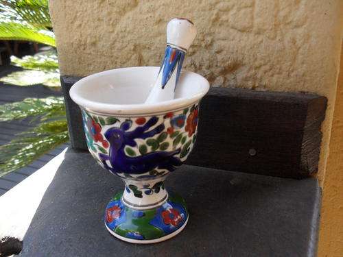 HAND MADE, UNIQUE SMALL CERAMIC PESTLE AND MORTAR...DECORATIVE WITH DEER AND FLOWERS