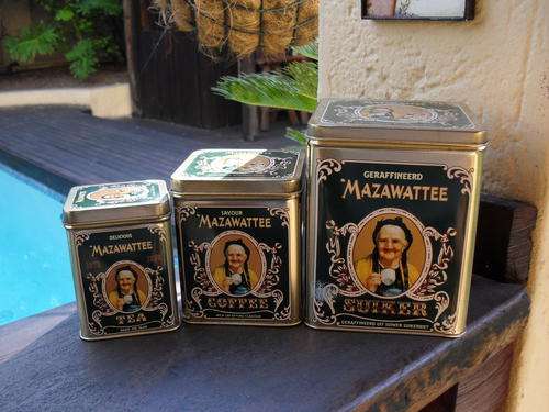 THREE DIFFERENT SIZES MAZAWATTEE CAMEO COLLECTION TINS, SUGAR, COFFEE, TEA BILINGUAL