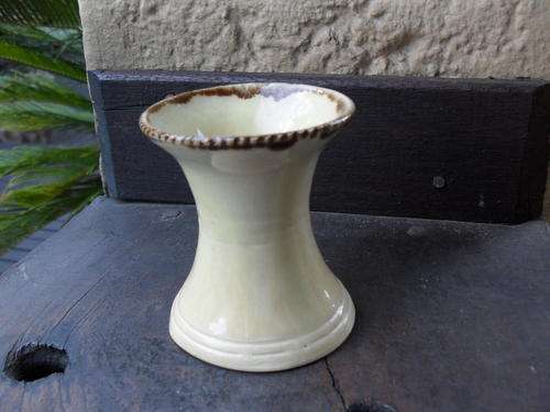 LOOKS LIKE A ONE OFF (STUDIO???? TYPE) VASE GLAZED, CERAMIC AND SMALL. PALE YELLOW BROWN BORDER CUTE