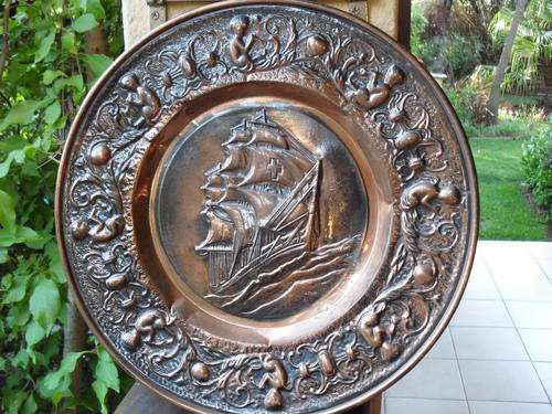 LARGE HANGING COPPER WALL PLATE/PLAQUE  WITH GALLEON (SHIP) AND ANGEL WITH FLUTE/TRUMPET. HOLLAND