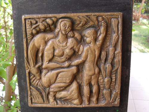 VERY UNUSUAL ARTWORK??? PLAQUE (PAINTED PLASTER OF PARIS??)  WOMAN,HOLDING YOUNG BOY, BUCK & CACTUS