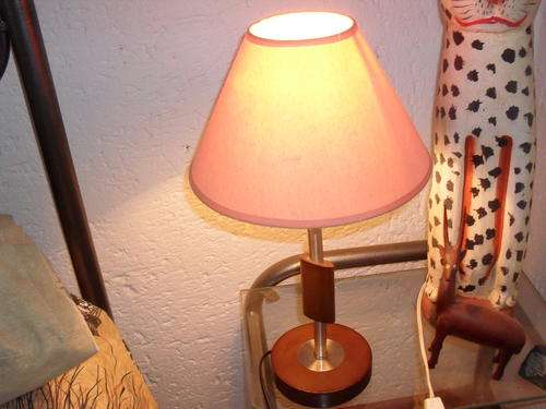RETRO "STYLE" LAMP BASE AND PEACH SHADE.  COVERED WOOD BASE WITH SOME METAL