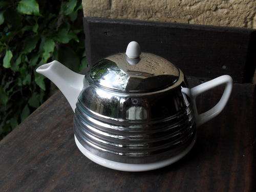 DECO??? COULD BE LATER THAN THIS!  CERAMIC WITH CHROME PLATED COVER MILK JUG WITH LID. COLLECTABLE!