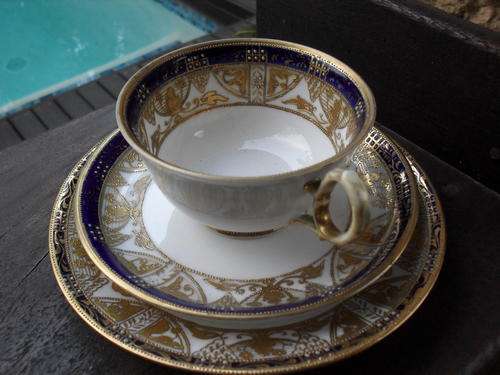 EARLY 20TH CENTURY NORITAKE TEA TRIO, TOO EXQUISITE FOR WORDS. COBALT BLUE AND GOLD FILIGREE