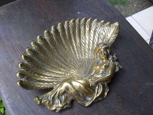 BRASS ORNAMENT OR DISH OF BEAUTIFUL WOMAN WITH FEATHER FAN ART DECO? OR ART NOUVEAU? STYLE. GORGEOUS
