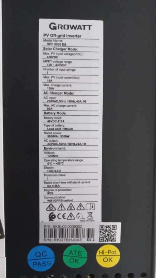 GROWATT 5KW INVERTER 48V SPF5000ES (INCL PARALLEL CARD + WIFI)