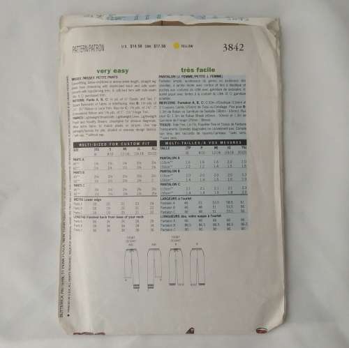 Butterick Fast and Easy Drawstring Pants Pattern No. 3842, Sizes L XL (Uncut)