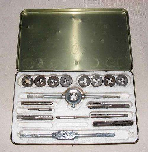 Set of Whitworth taps and dies in tin box
