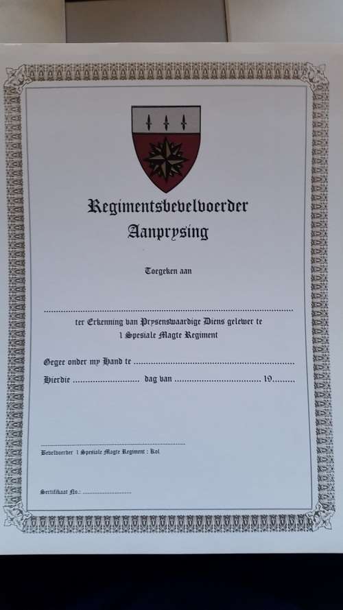 1 Special Forces Regiment OC Commendation certificate (Afrikaans)