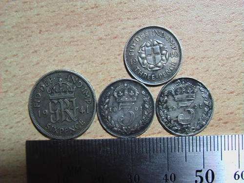 Sixpence + 3x Tickys (4 Silver Coins) F to VG Condition 1901 to 1941