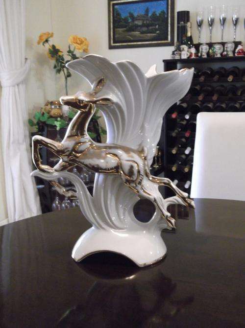 Big Italian Cornucopia Style Vase with Leaping Deer