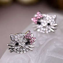 SILVER PLATED HELLO KITTY RHINESTONE EARRINGS