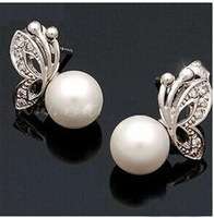 SILVER PLATED PEARL BUTTERFLY EARRINGS  WITH SILVER RHINESTONES