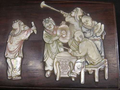 VINTAGE CHINESE WOODEN BOX with MOTHER-OF-PEARL APPLIED DECORATION