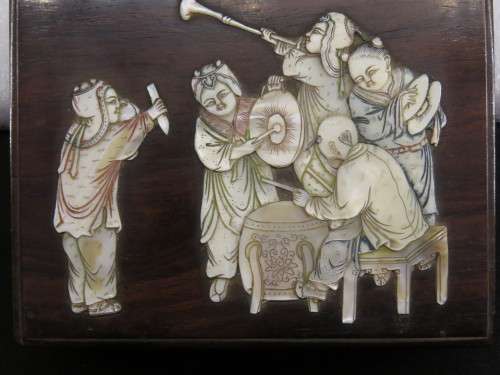VINTAGE CHINESE WOODEN BOX with MOTHER-OF-PEARL APPLIED DECORATION