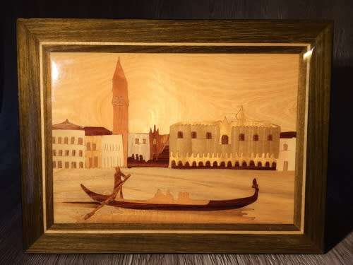 Vintage Inlaid Wood Marquetry Picture 24cm x 18cm