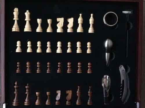 Wooden Chess Set with Wine Box & Wine Accessories