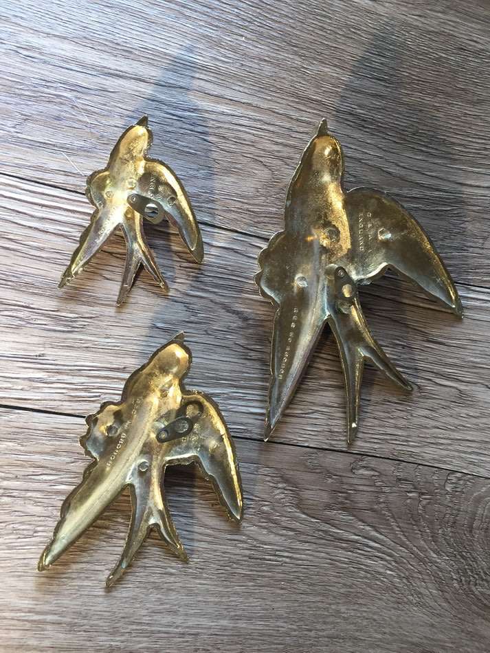 3 Solid Brass Swallow Wall Hangers, England