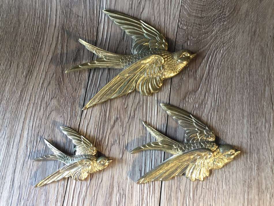 3 Solid Brass Swallow Wall Hangers, England
