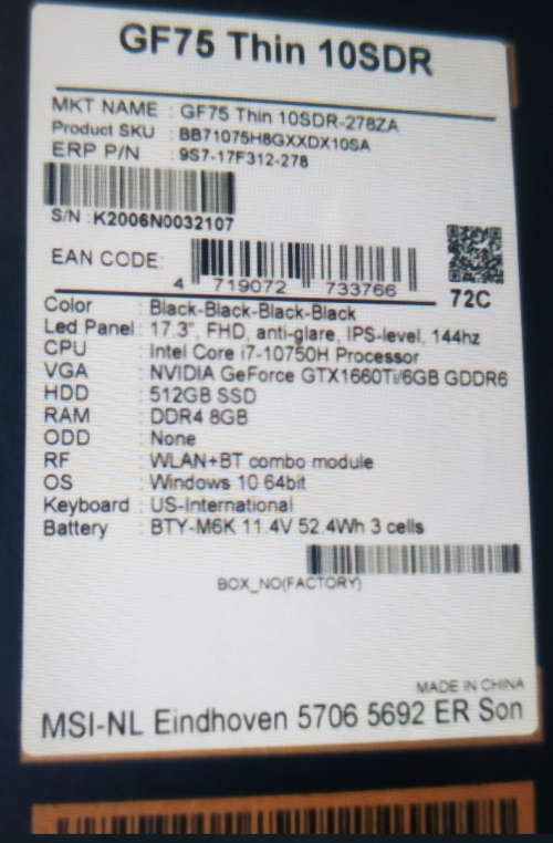 Gaming Laptop MSI GF75 10SDR i7