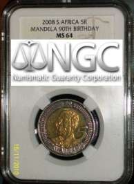 NGC GRADED MS64 - MANDELA BIRTHDAY 2008 R5 COIN