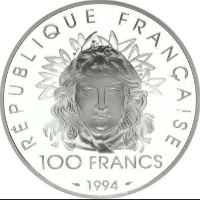 silver, 100 francs, (javelin) Winter Olympics 1896-1996 (in Capsule)