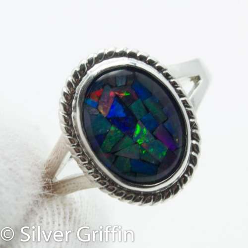1.75cts NATURAL AUSTRALIAN OPAL TRIPLET ,925 SILVER RING, SIZE 8,