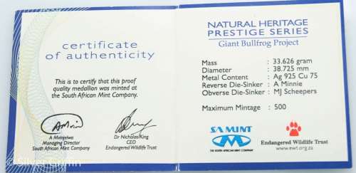 SA MINT NATURAL HERITAGE "BULL FROG" 925 SILVER MEDALLION