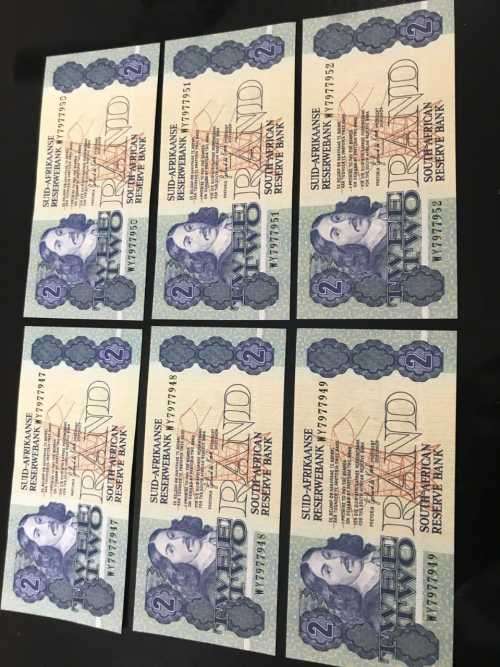 SA RESERVE BANK NOTES TWO RAND. GPC DE KOCK.CONSECUTIVE