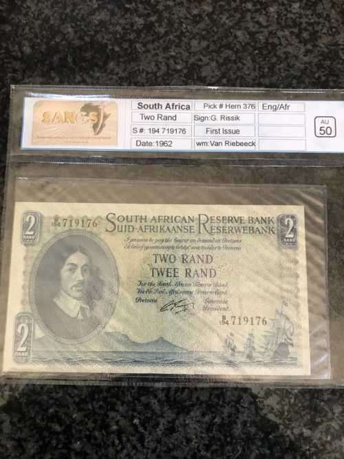 S.AFRICA TWO RAND FIRST ISSUE (AU50) GRADED BY SANGS