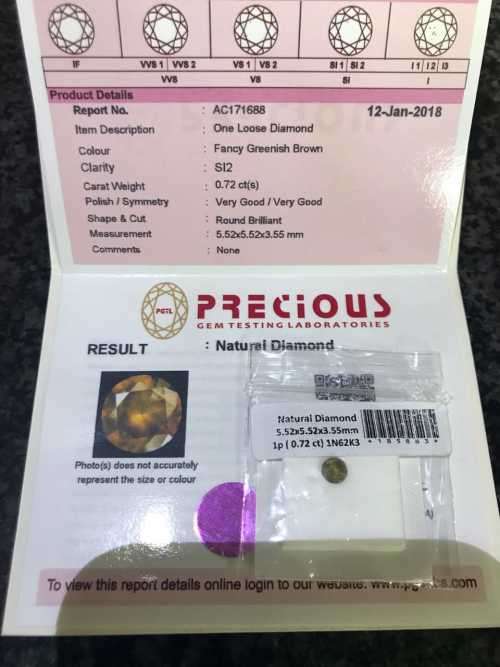 NATURAL FANCY BROWN 0.72ct DIAMONT. CERTIFIED BY PGTL