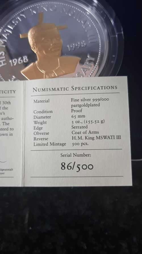 SWAZILAND 30th ANNIVERSARY COIN. 5 OZ 999 SILVER WITH CERTIFICATE