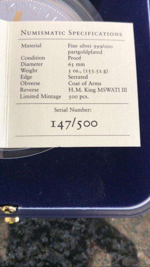 5 0z 999 SILVER. SWAZILAND 30TH ANNIVERSARY.