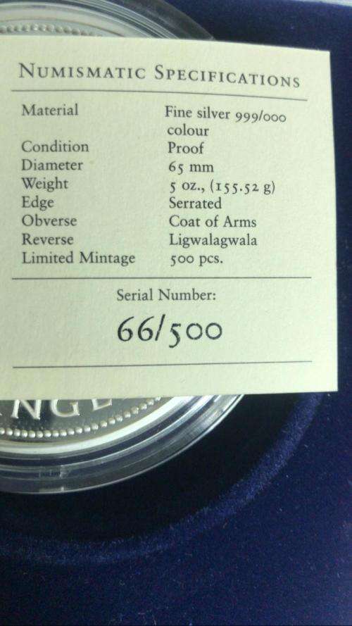 5 Oz 999 SILVER COIN .SWAZILAND WILDLIFE .LEGAL TENDER. LIMITED MINTAGE 0F 500ps