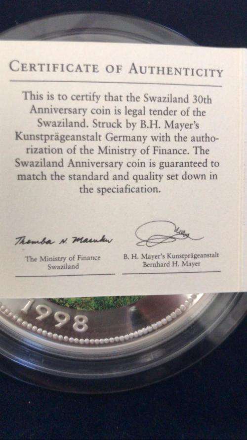 SWAZILAND 30TH ANNIVERSARY COIN 5 OZ 999 SILVER