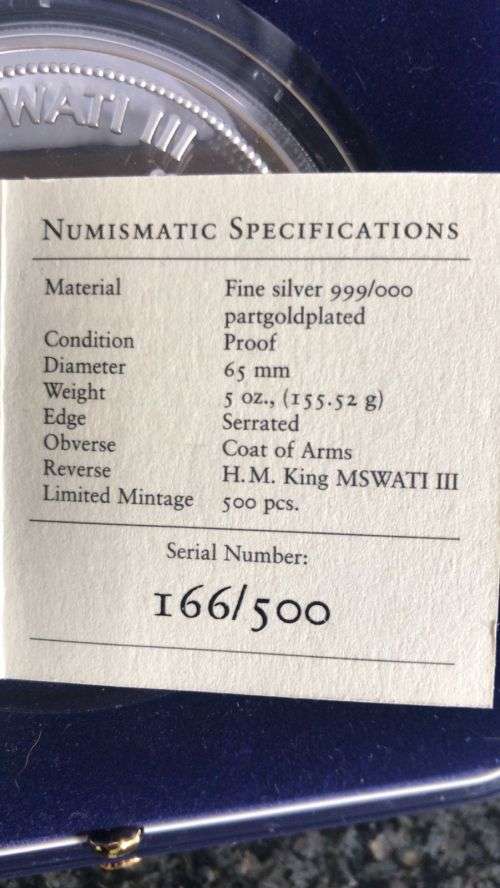 SWAZILAND 30TH ANNIVERSARY. 5 0z 999 SILVER COIN .