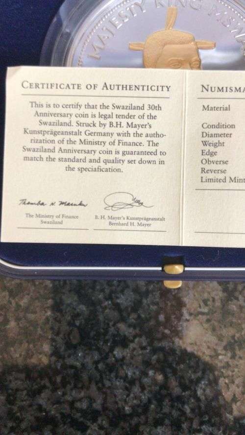 SWAZILAND 30TH ANNIVERSARY. 5 0z 999 SILVER COIN .