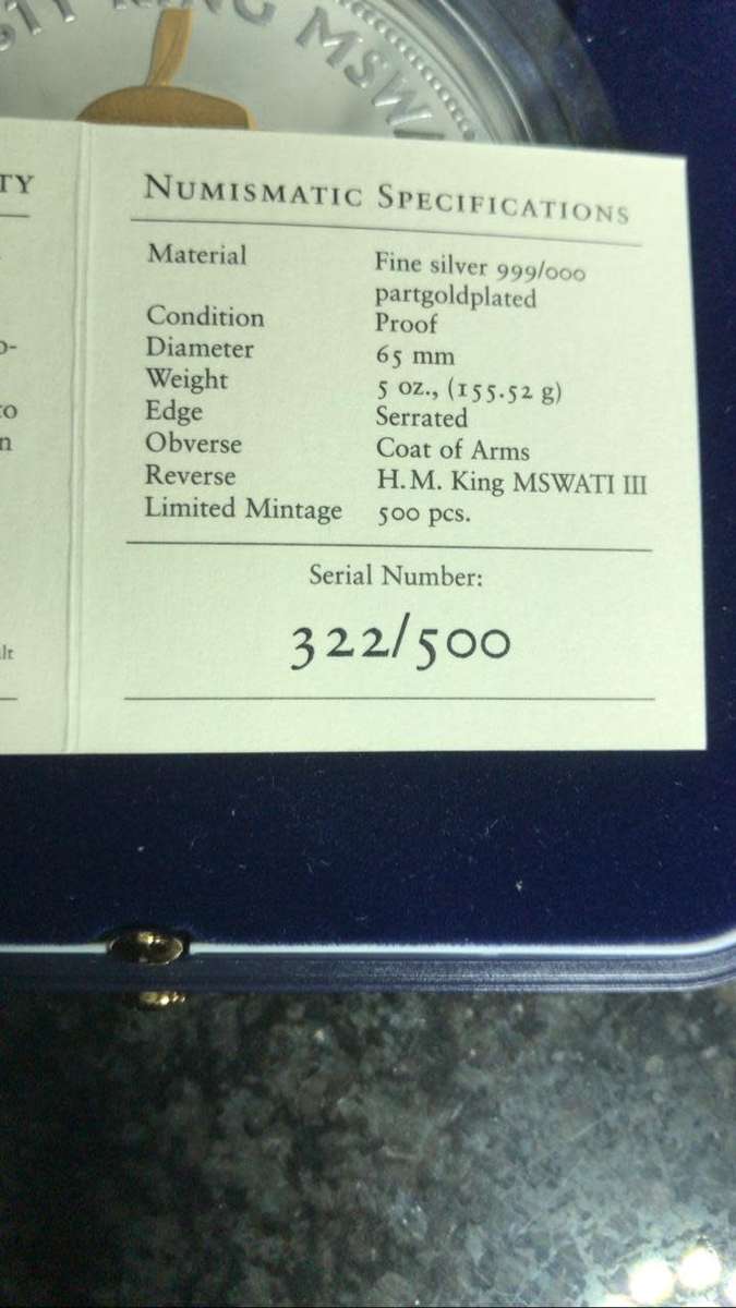 5 Oz 999 SILVER COIN. LEGAL TENDER. 30TH ANNIVERSARY OF SWAZILAND.