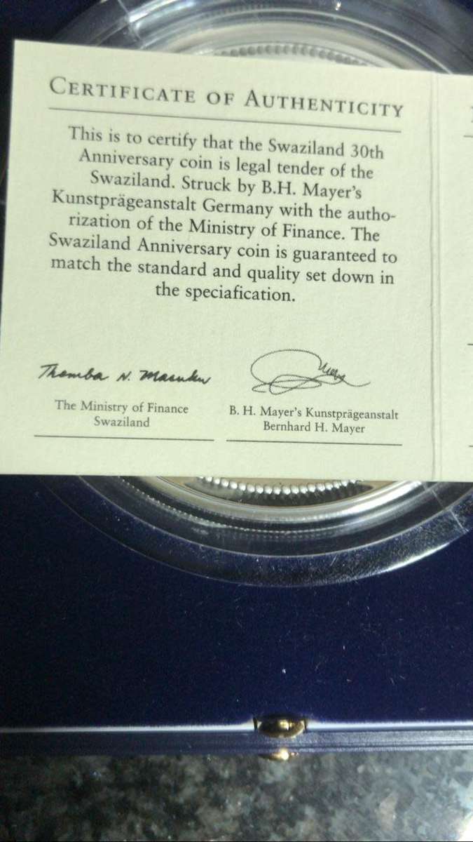 5 Oz 999 SILVER COIN. LEGAL TENDER. 30TH ANNIVERSARY OF SWAZILAND.